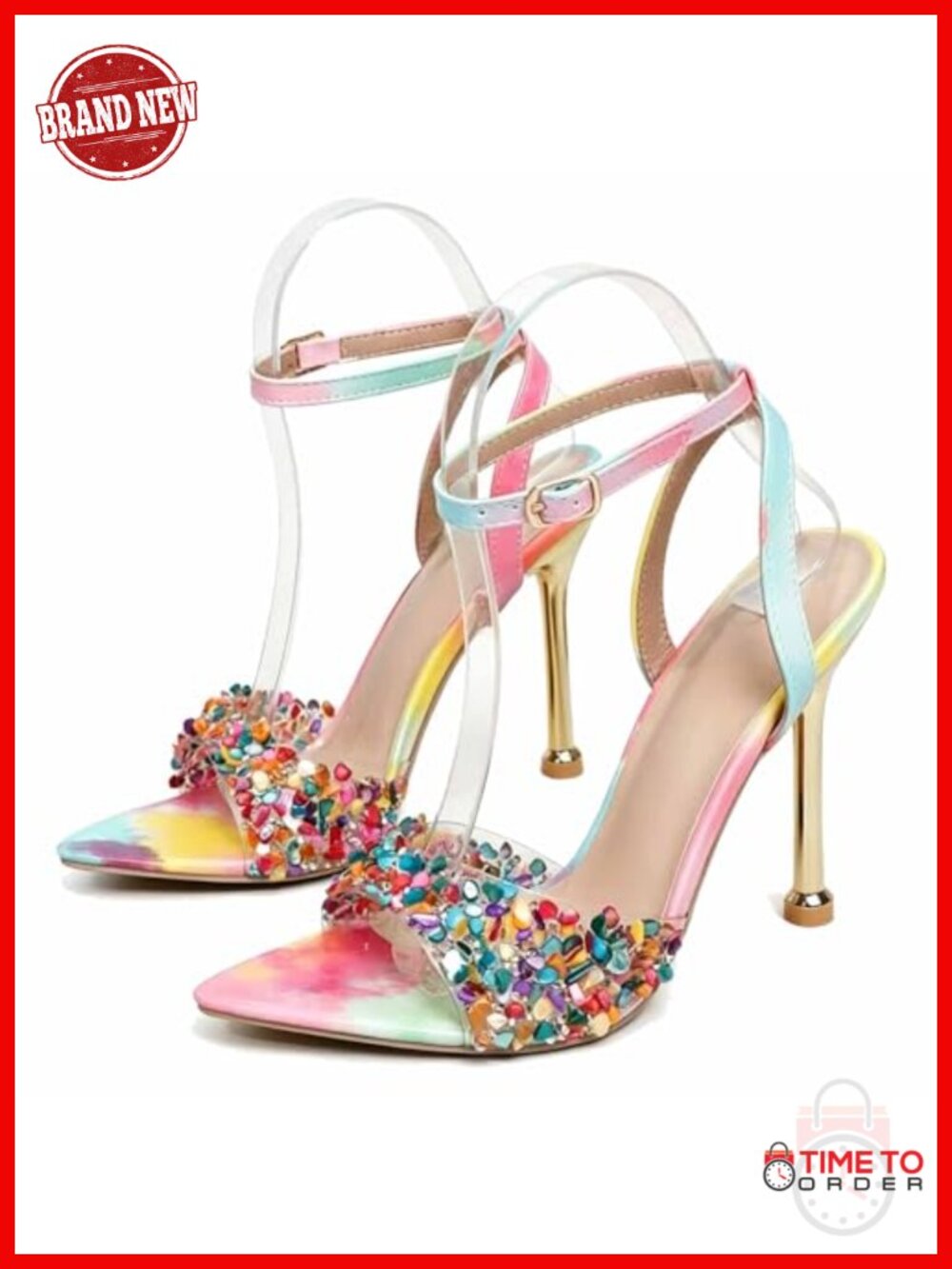 Women's Tie-Dye Rhinestone Stiletto Heel Sandals with Ankle Strap and Open